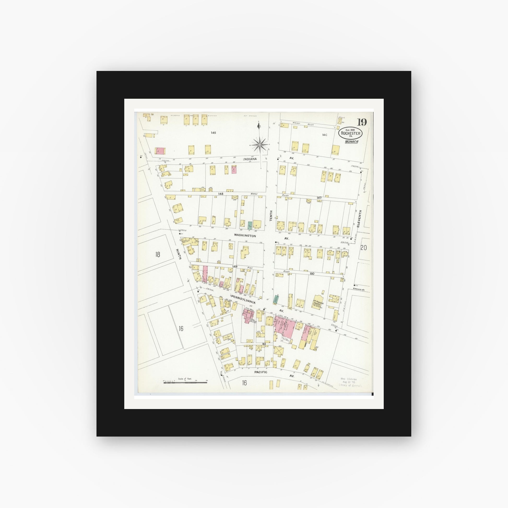 Old map wall art mockup — black gallery frame with white mat — Sanborn Fire Insurance Map from Rochester, Beaver County, Pennsylvania (1908), Sheet #0018