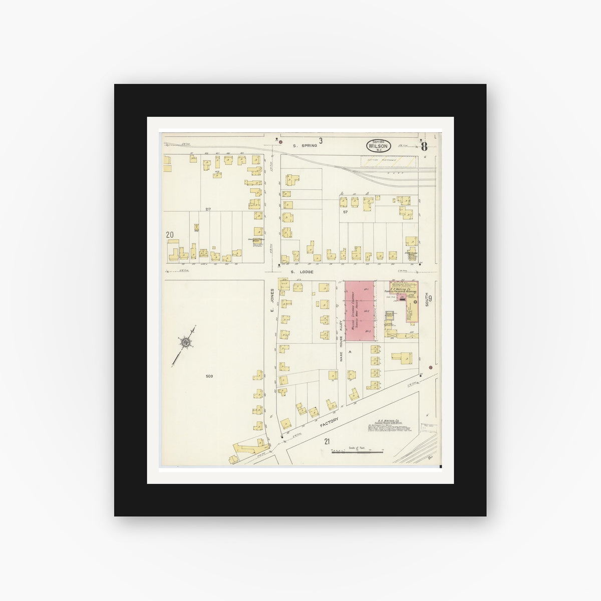 Old map wall art mockup — black gallery frame with white mat — Sanborn Fire Insurance Map from Wilson, Wilson County, North Carolina (1913), Sheet #0008