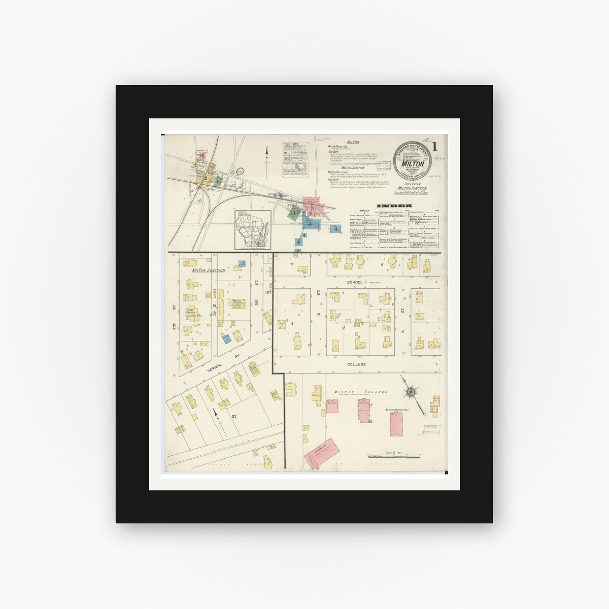 Old map wall art mockup — black gallery frame with white mat — Sanborn Fire Insurance Map from Milton, Rock County, Wisconsin (1917) - Complete Map Set