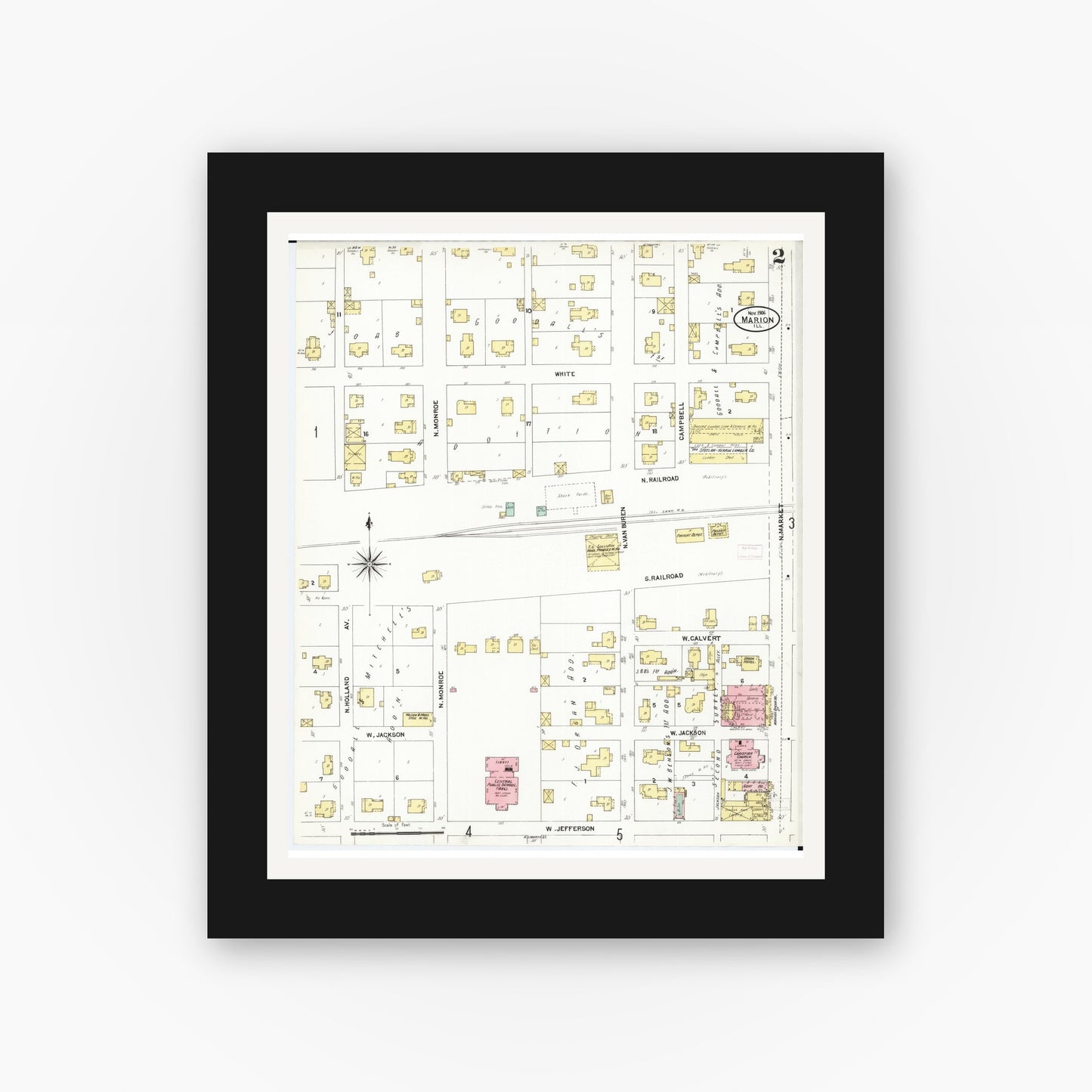 Old map wall art mockup — black gallery frame with white mat — Sanborn Fire Insurance Map from Marion, Williamson County, Illinois (1906), Sheet #0002