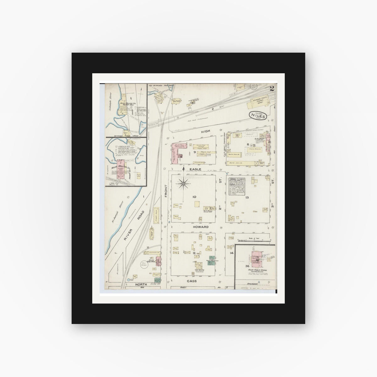 Old map wall art mockup — black gallery frame with white mat — Sanborn Fire Insurance Map from Niles, Berrien County, Michigan (1884), Sheet #0002