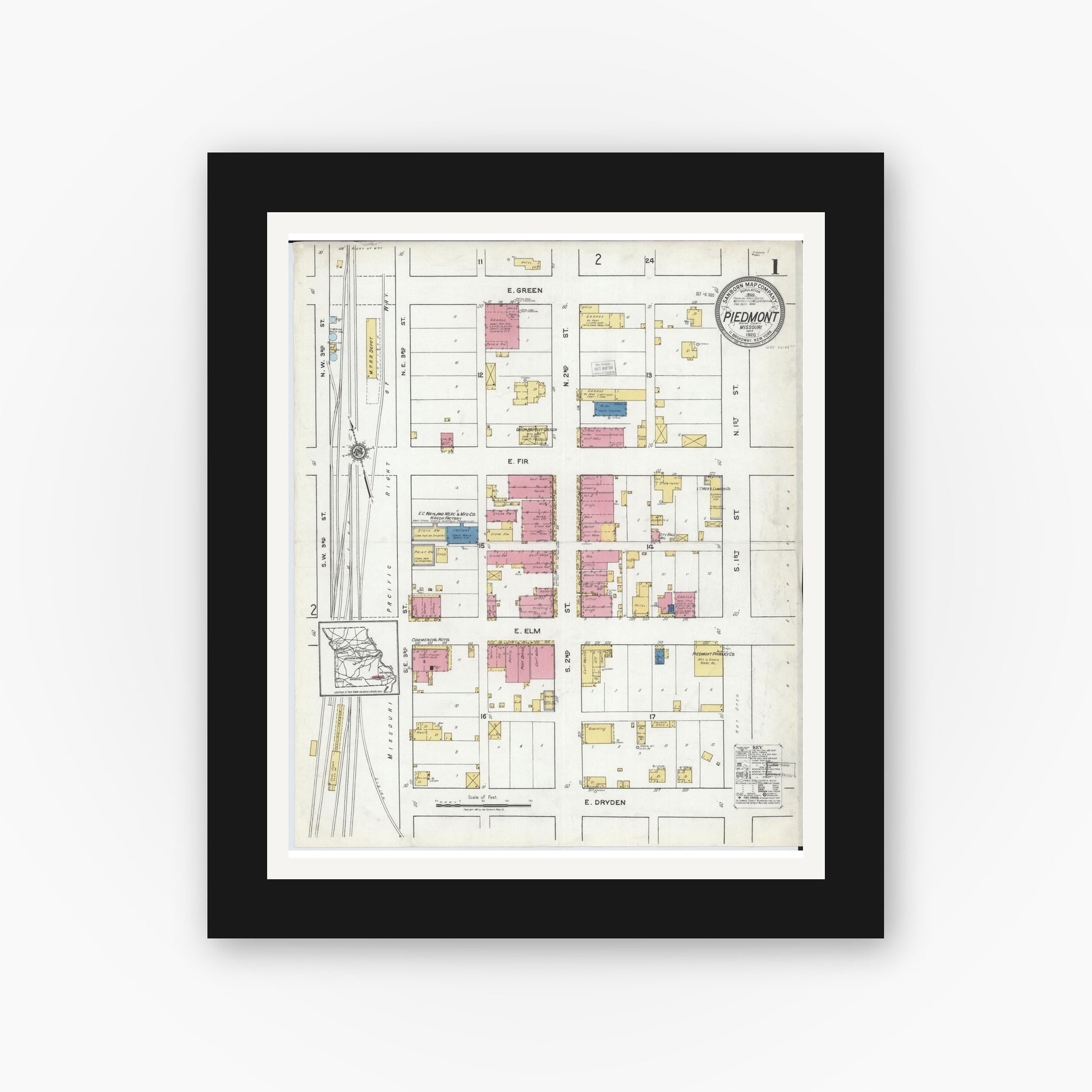 Old map wall art mockup — black gallery frame with white mat — Sanborn Fire Insurance Map from Piedmont, Wayne County, Missouri (1920) - Complete Map Set