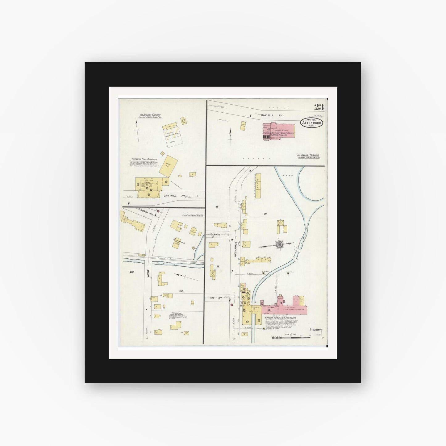 Old map wall art mockup — black gallery frame with white mat — Sanborn Fire Insurance Map from Attleboro, Bristol County, Massachusetts (1911), Sheet #0023