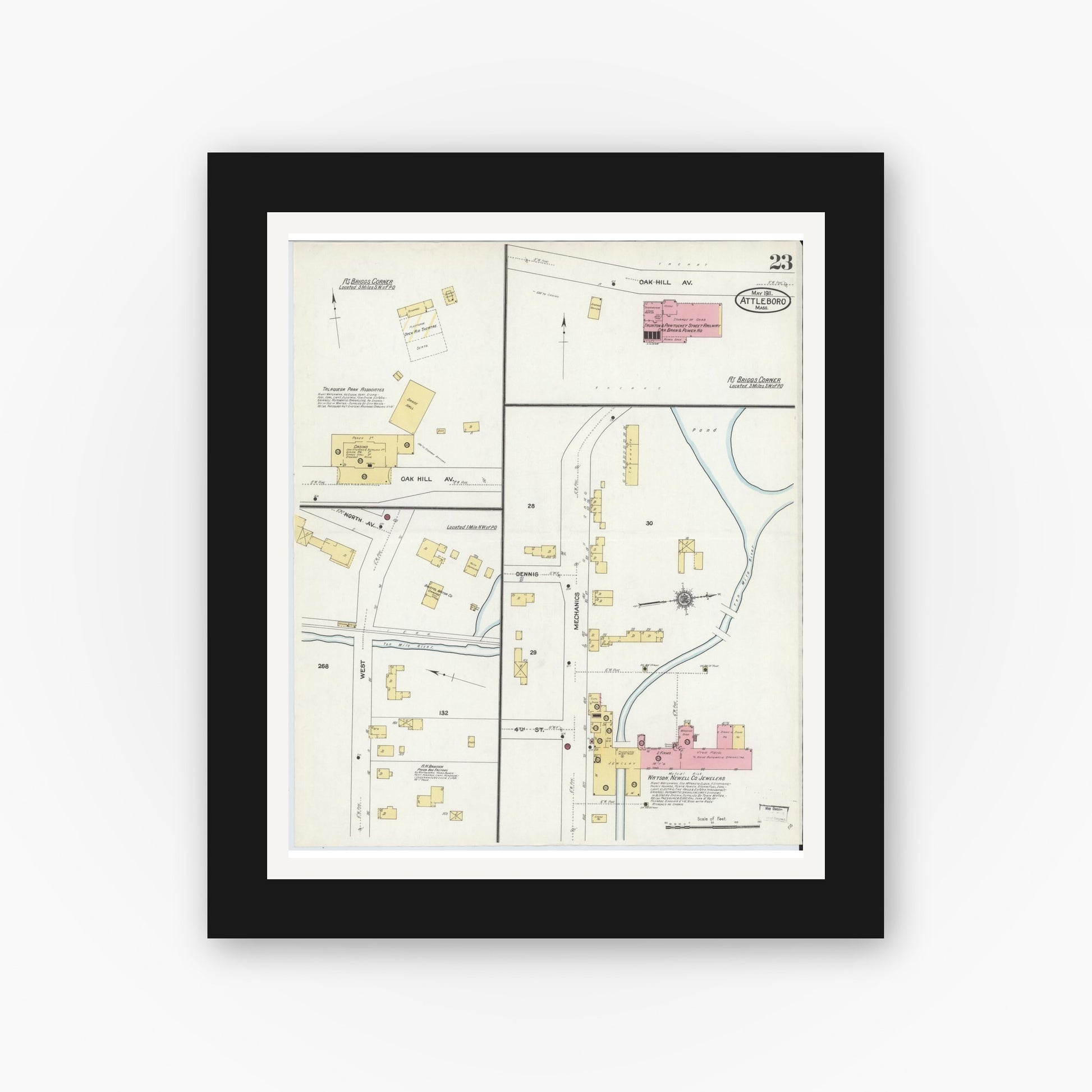 Old map wall art mockup — black gallery frame with white mat — Sanborn Fire Insurance Map from Attleboro, Bristol County, Massachusetts (1911), Sheet #0023