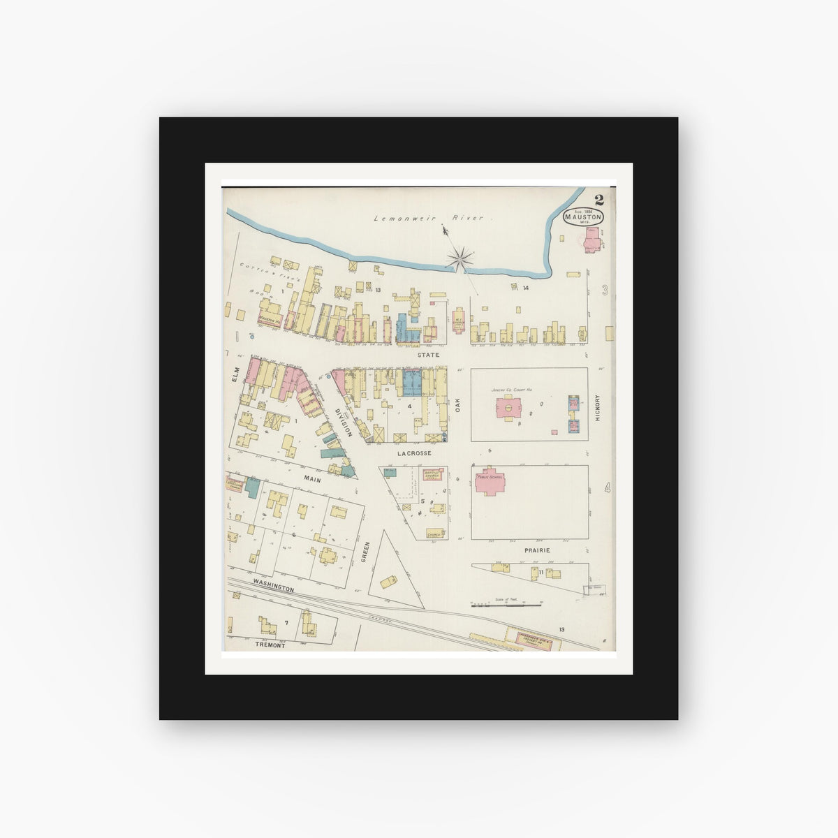 Old map wall art mockup — black gallery frame with white mat — Sanborn Fire Insurance Map from Mauston, Juneau County, Wisconsin (1894), Sheet #0002