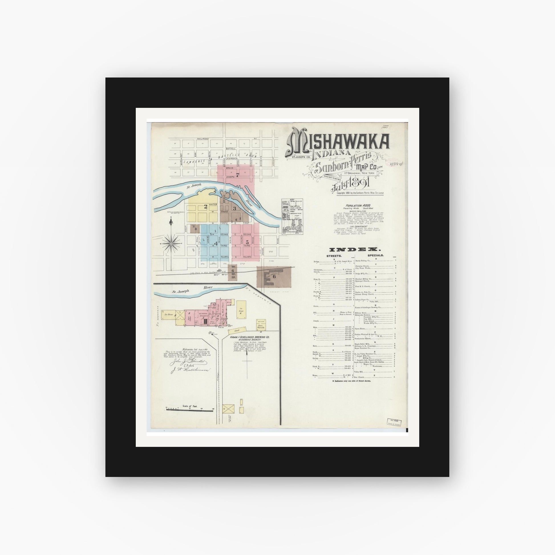 Old map wall art mockup — black gallery frame with white mat — Sanborn Fire Insurance Map from Mishawaka, Saint Joseph County, Indiana (1891) - Complete Map Set