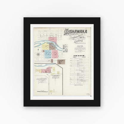 Old map wall art mockup — black gallery frame with white mat — Sanborn Fire Insurance Map from Mishawaka, Saint Joseph County, Indiana (1891) - Complete Map Set