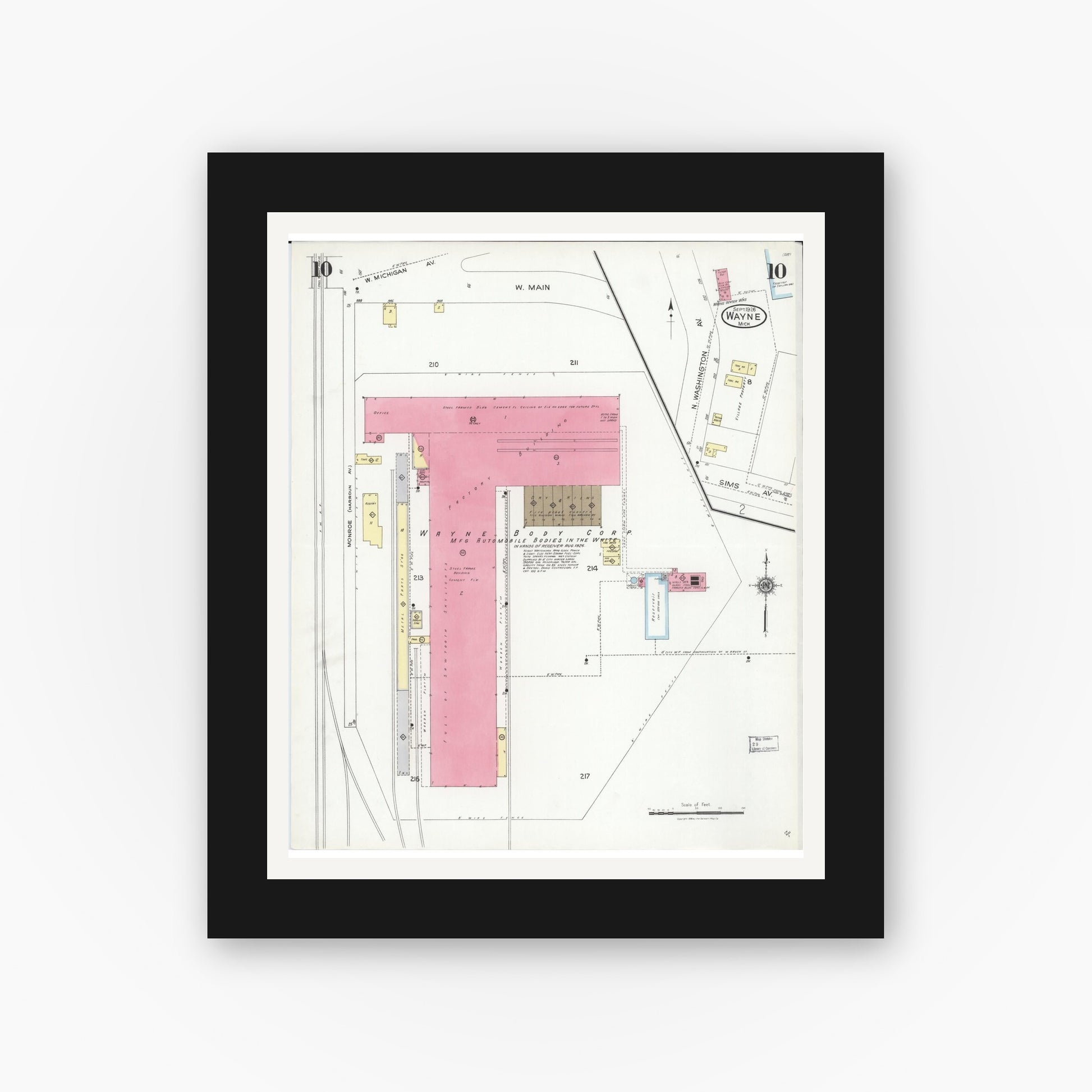 Old map wall art mockup — black gallery frame with white mat — Sanborn Fire Insurance Map from Wayne, Wayne County, Michigan (1926), Sheet #0010