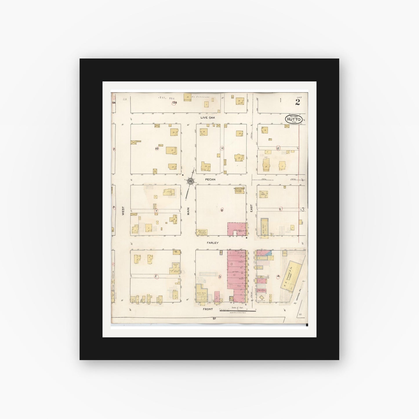 Old map wall art mockup — black gallery frame with white mat — Sanborn Fire Insurance Map from Hutto, Williamson County, Texas (1937), Sheet #0002