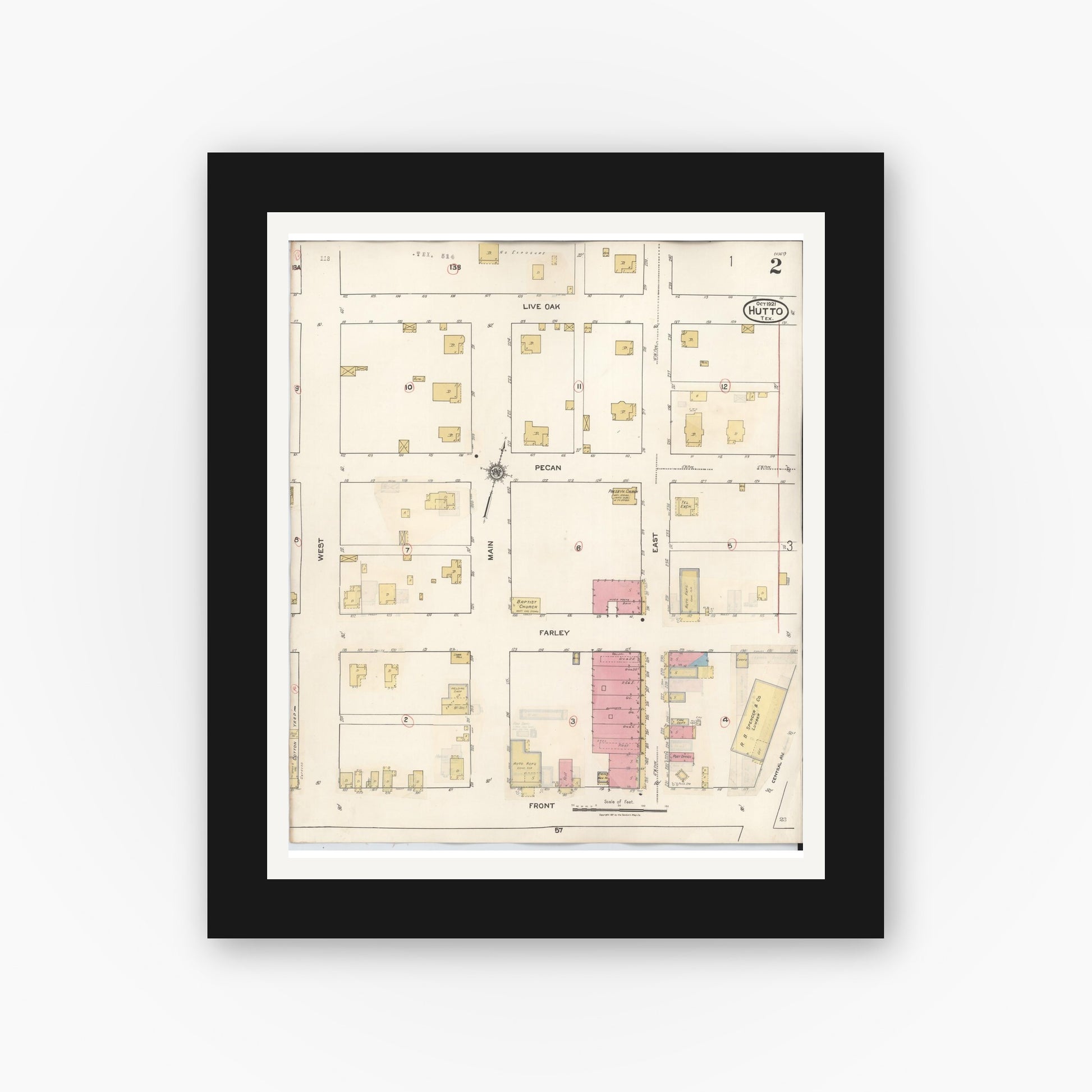 Old map wall art mockup — black gallery frame with white mat — Sanborn Fire Insurance Map from Hutto, Williamson County, Texas (1937), Sheet #0002