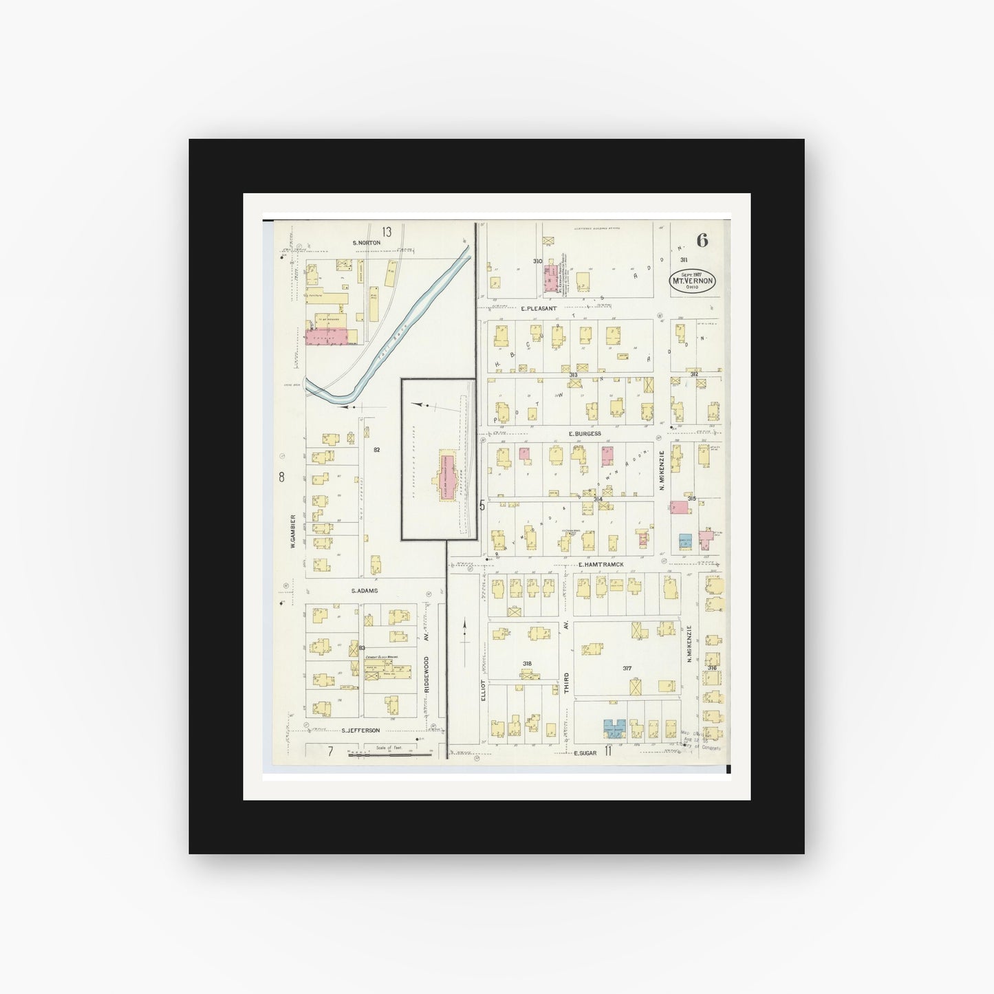 Old map wall art mockup — black gallery frame with white mat — Sanborn Fire Insurance Map from Mount Vernon, Knox County, Ohio (1907), Sheet #0006