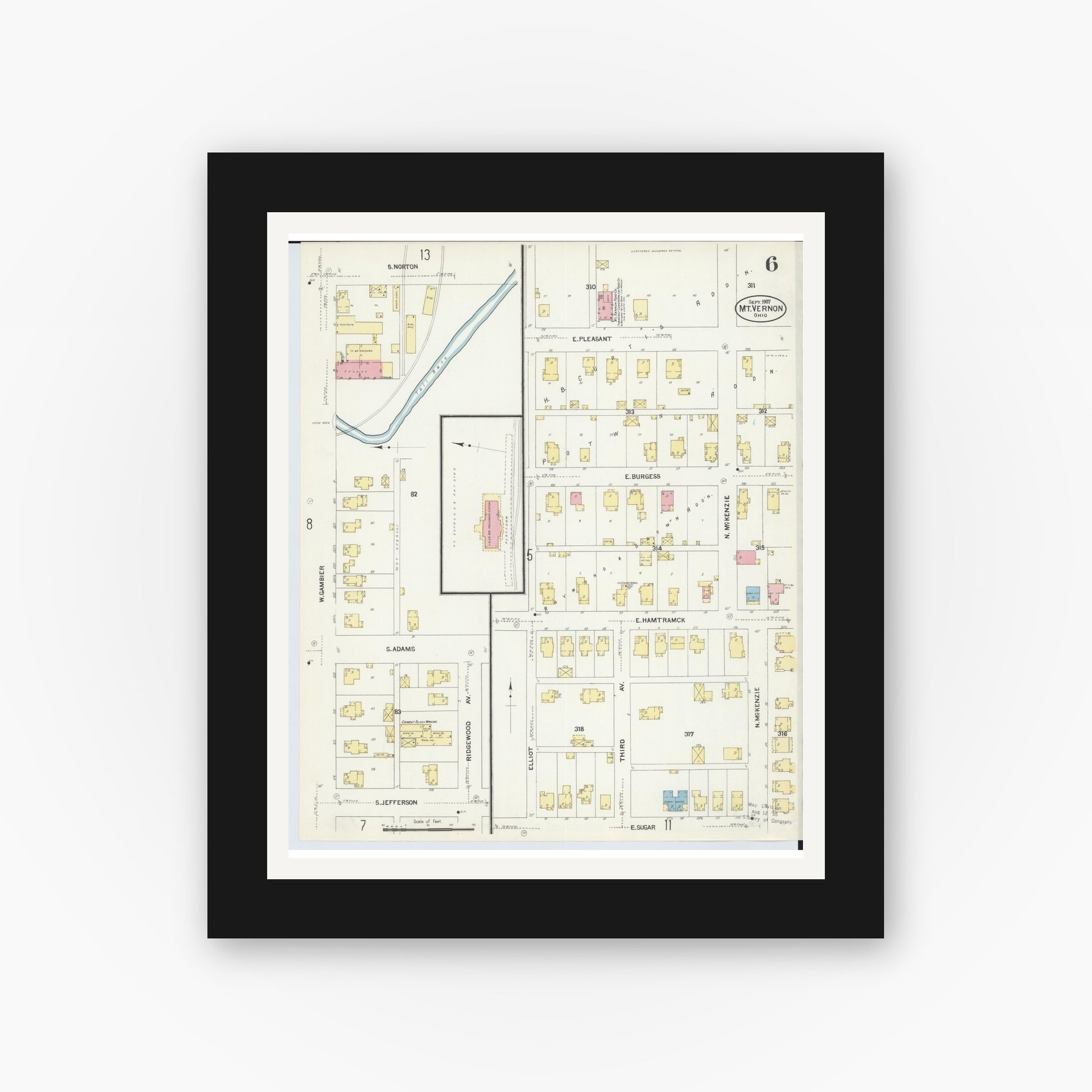 Old map wall art mockup — black gallery frame with white mat — Sanborn Fire Insurance Map from Mount Vernon, Knox County, Ohio (1907), Sheet #0006