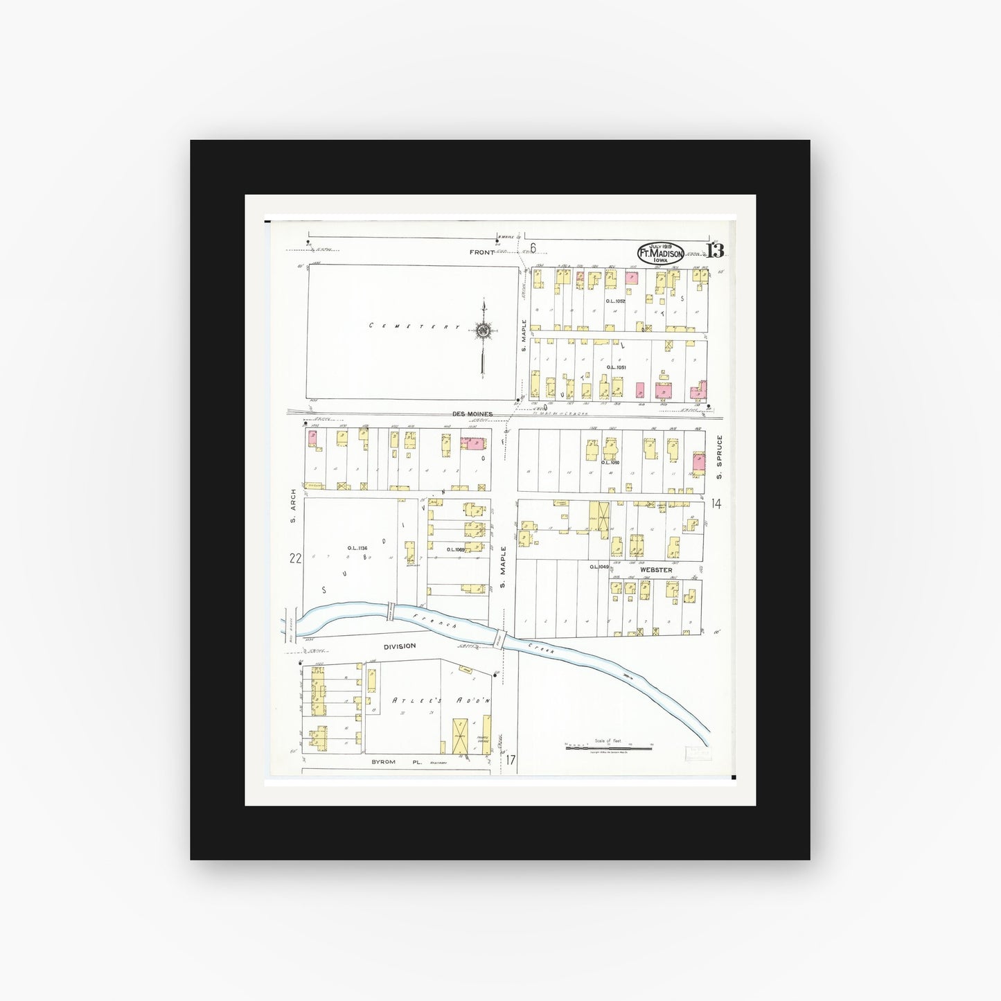 Old map wall art mockup — black gallery frame with white mat — Sanborn Fire Insurance Map from Fort Madison, Lee County, Iowa (1919), Sheet #0013
