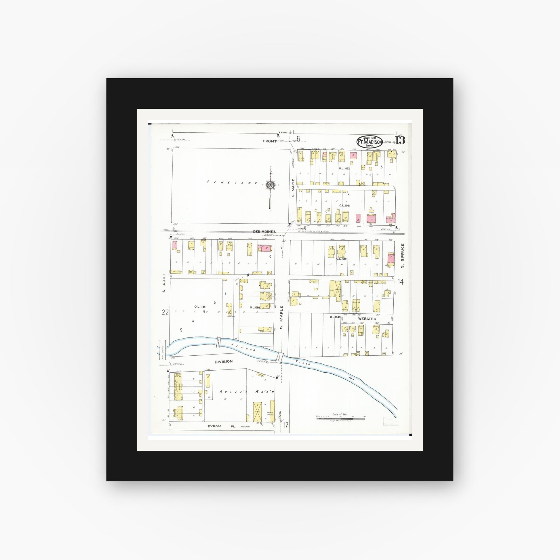 Old map wall art mockup — black gallery frame with white mat — Sanborn Fire Insurance Map from Fort Madison, Lee County, Iowa (1919), Sheet #0013