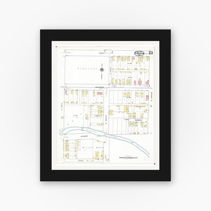 Old map wall art mockup — black gallery frame with white mat — Sanborn Fire Insurance Map from Fort Madison, Lee County, Iowa (1919), Sheet #0013