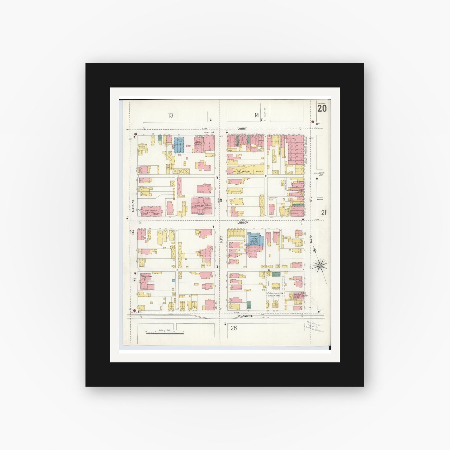 Old map wall art mockup — black gallery frame with white mat — Sanborn Fire Insurance Map from Hamilton, Butler County, Ohio (1899), Sheet #0020
