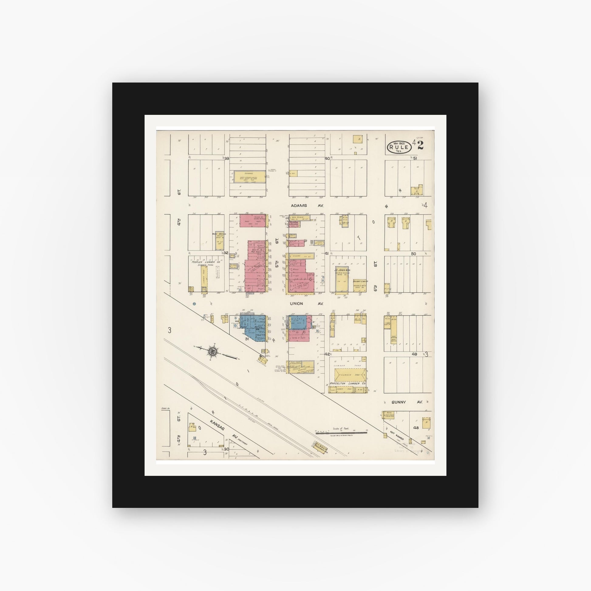 Old map wall art mockup — black gallery frame with white mat — Sanborn Fire Insurance Map from Rule, Haskell County, Texas (1922), Sheet #0002