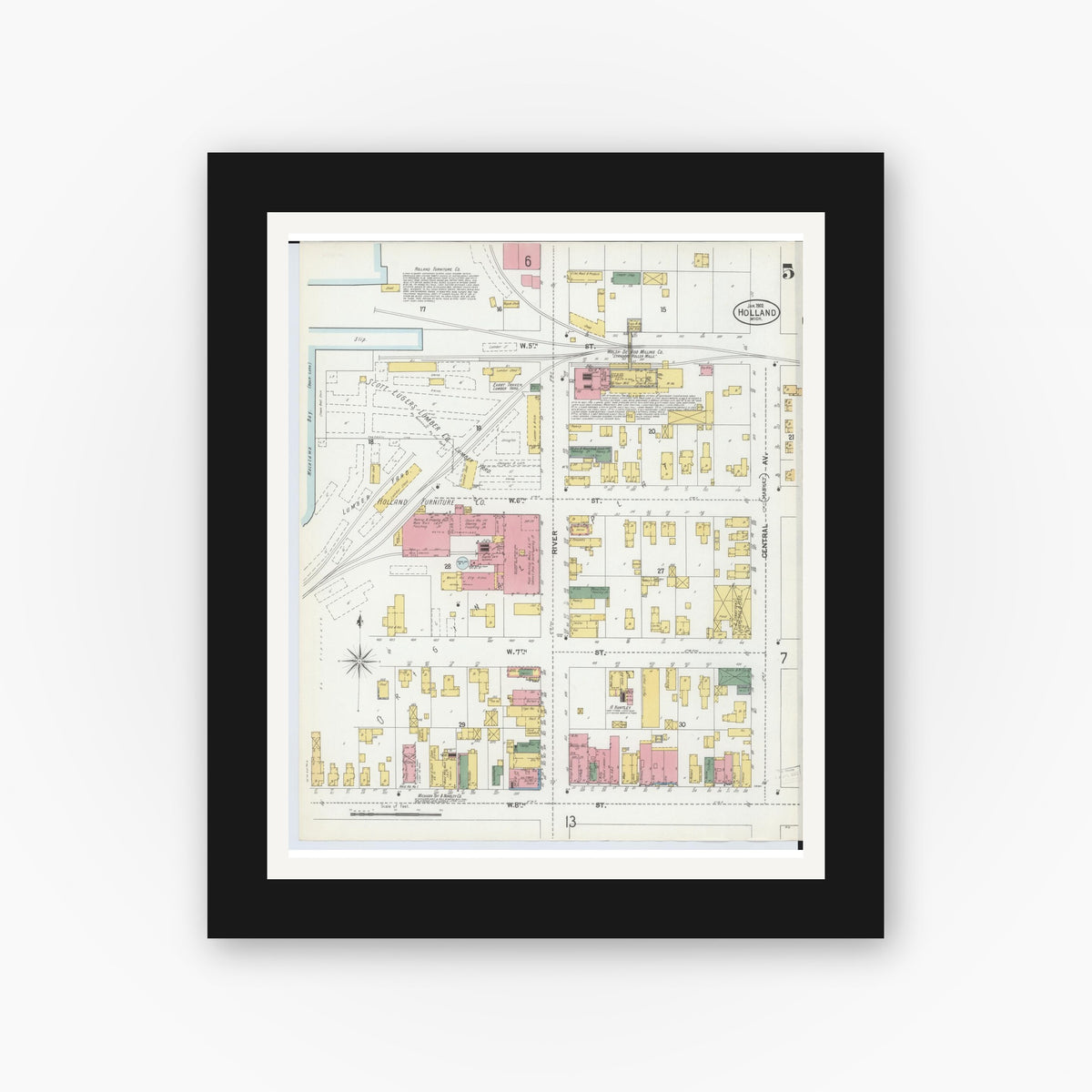 Old map wall art mockup — black gallery frame with white mat — Sanborn Fire Insurance Map from Holland, Ottawa County, Michigan (1902), Sheet #0005
