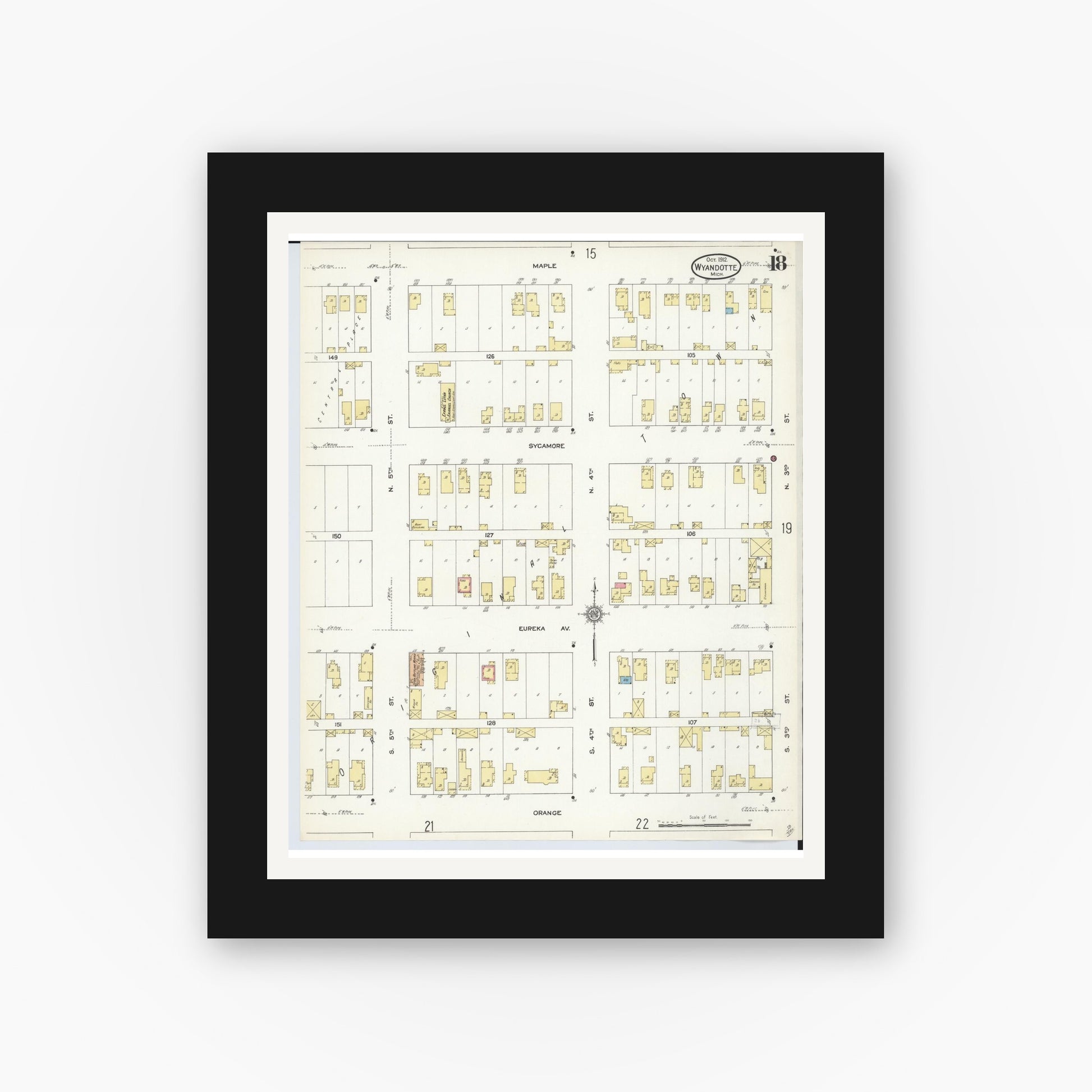 Old map wall art mockup — black gallery frame with white mat — Sanborn Fire Insurance Map from Wyandotte, Wayne County, Michigan (1912), Sheet #0018