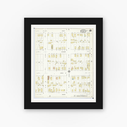 Old map wall art mockup — black gallery frame with white mat — Sanborn Fire Insurance Map from Wyandotte, Wayne County, Michigan (1912), Sheet #0018
