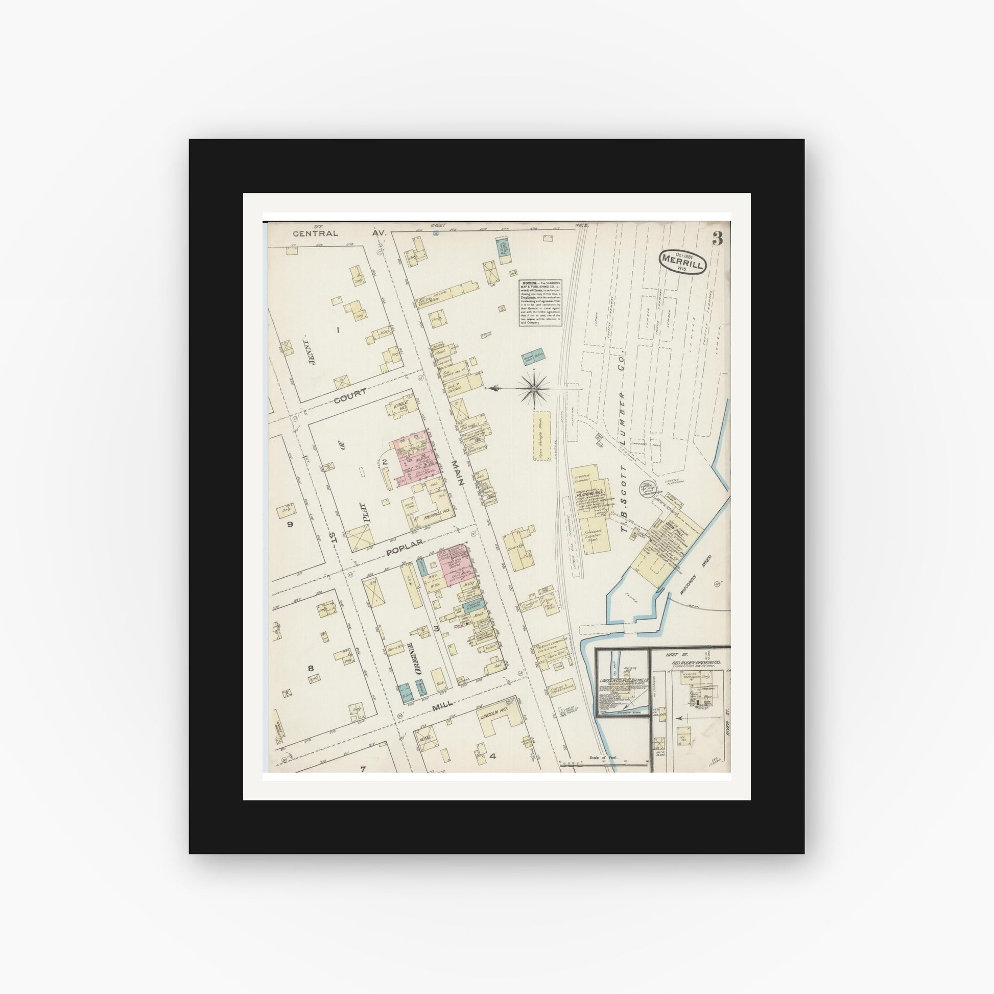 Old map wall art mockup — black gallery frame with white mat — Sanborn Fire Insurance Map from Merrill, Lincoln County, Wisconsin (1884), Sheet #0003