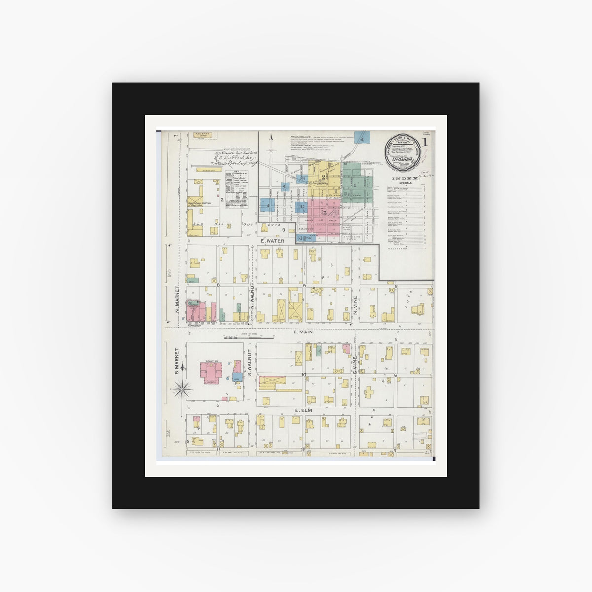 Old map wall art mockup — black gallery frame with white mat — Sanborn Fire Insurance Map from Urbana, Champaign County, Illinois (1892) - Complete Map Set