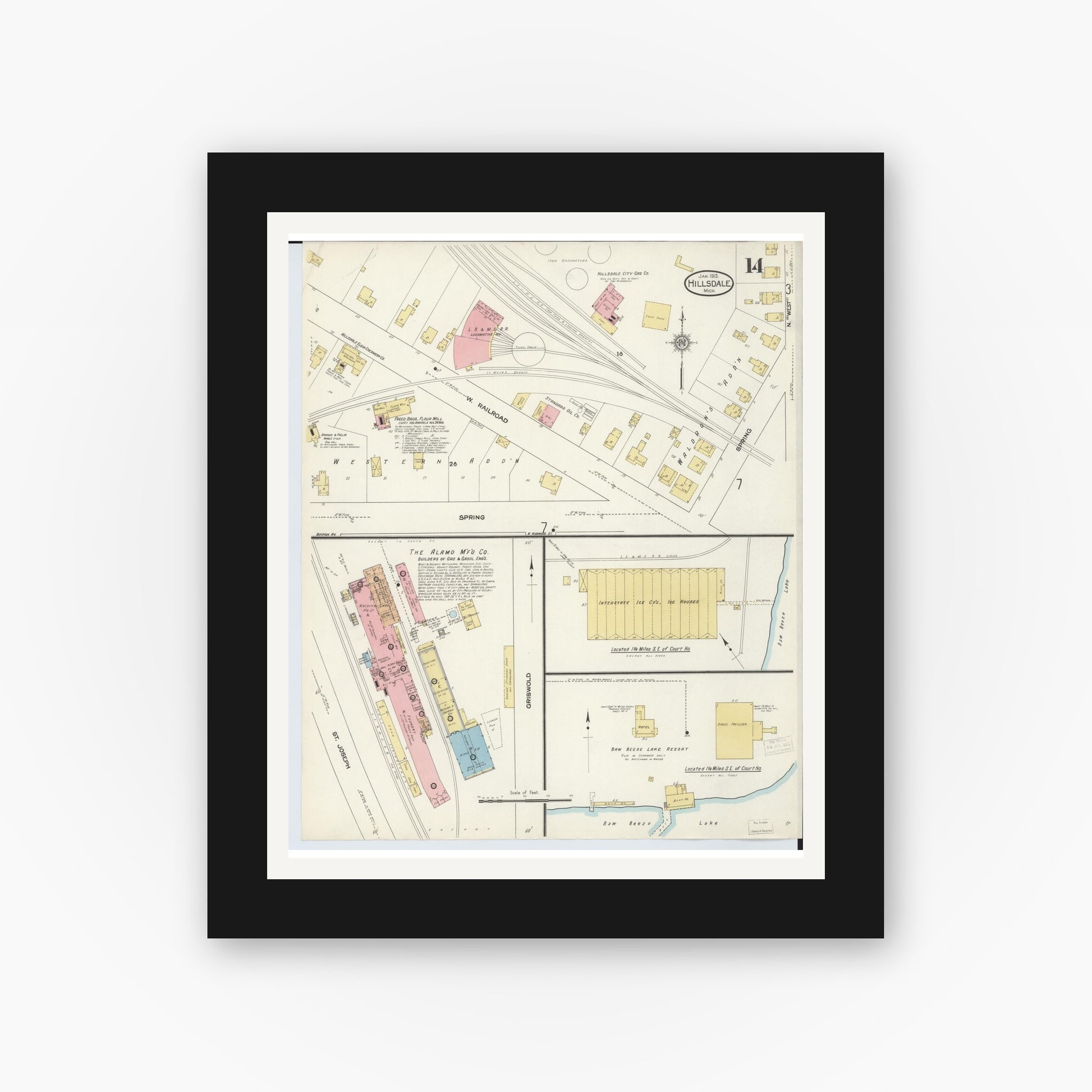 Old map wall art mockup — black gallery frame with white mat — Sanborn Fire Insurance Map from Hillsdale, Hillsdale County, Michigan (1913), Sheet #0014