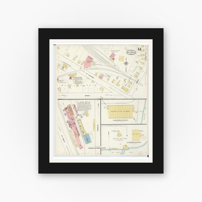 Old map wall art mockup — black gallery frame with white mat — Sanborn Fire Insurance Map from Hillsdale, Hillsdale County, Michigan (1913), Sheet #0014