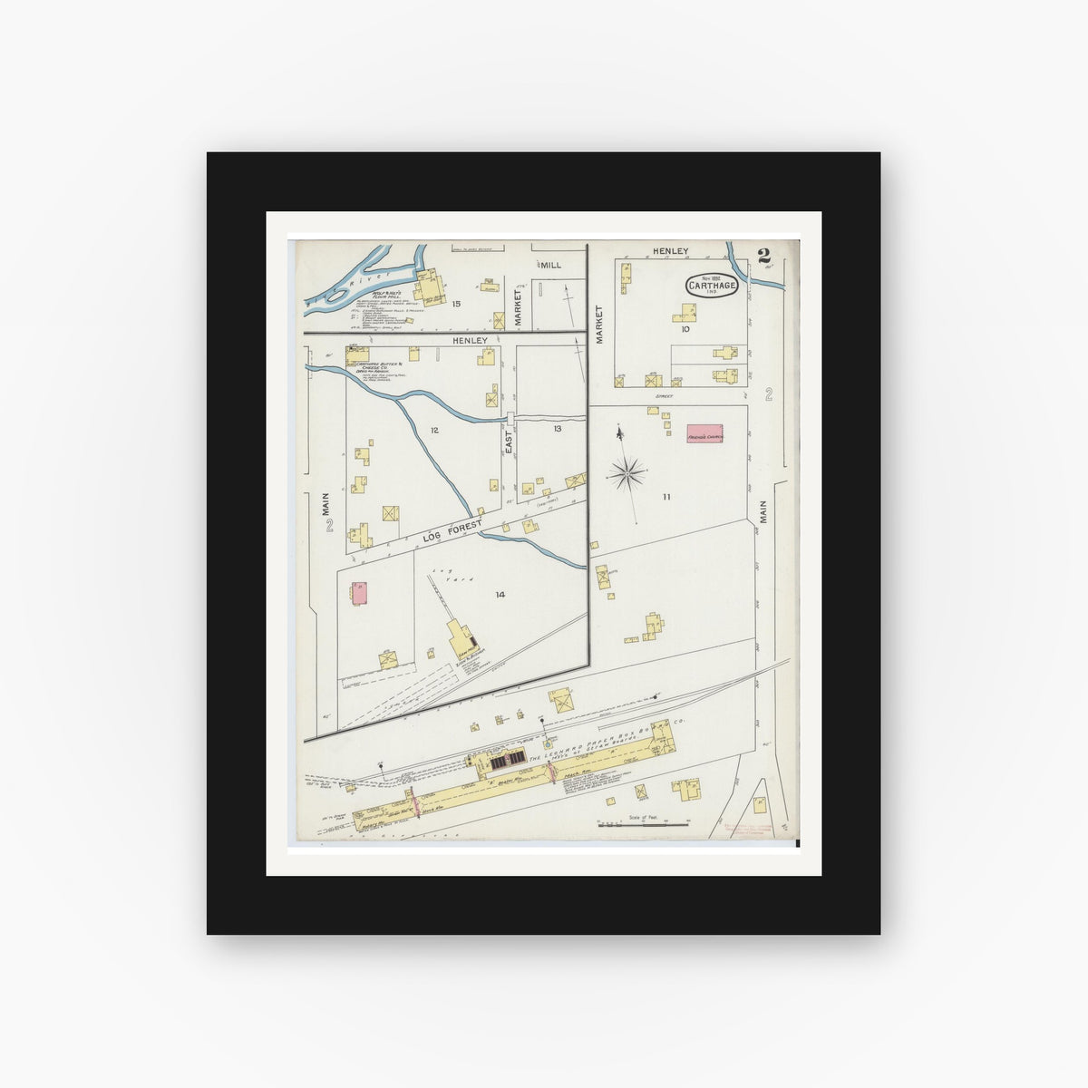 Old map wall art mockup — black gallery frame with white mat — Sanborn Fire Insurance Map from Carthage, Rush County, Indiana (1892), Sheet #0002