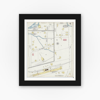 Old map wall art mockup — black gallery frame with white mat — Sanborn Fire Insurance Map from Carthage, Rush County, Indiana (1892), Sheet #0002