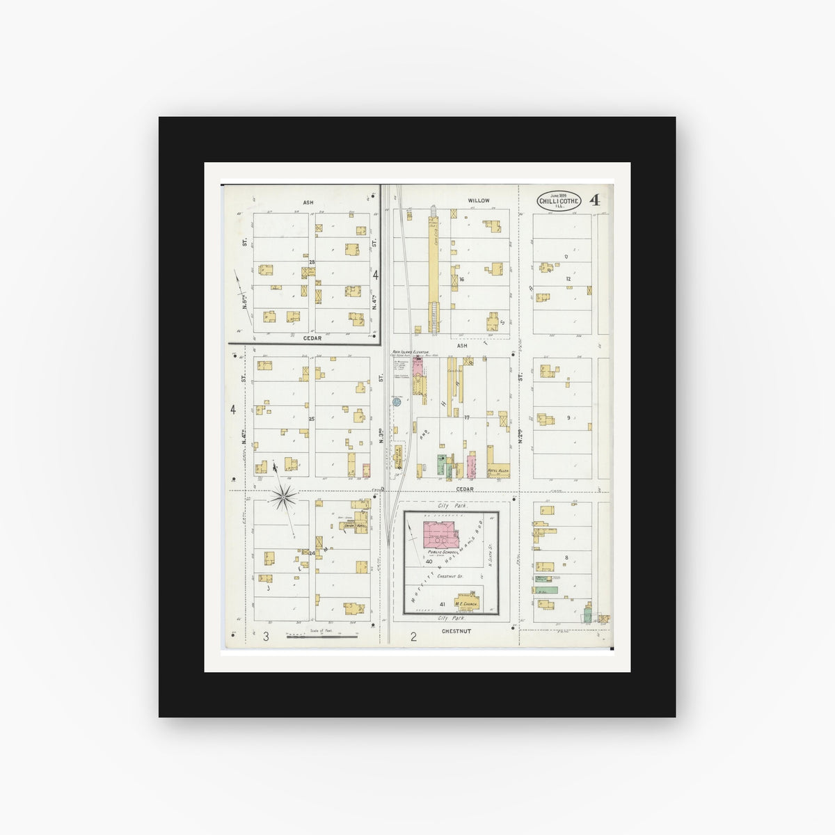 Old map wall art mockup — black gallery frame with white mat — Sanborn Fire Insurance Map from Chillicothe, Peoria County, Illinois (1899), Sheet #0004