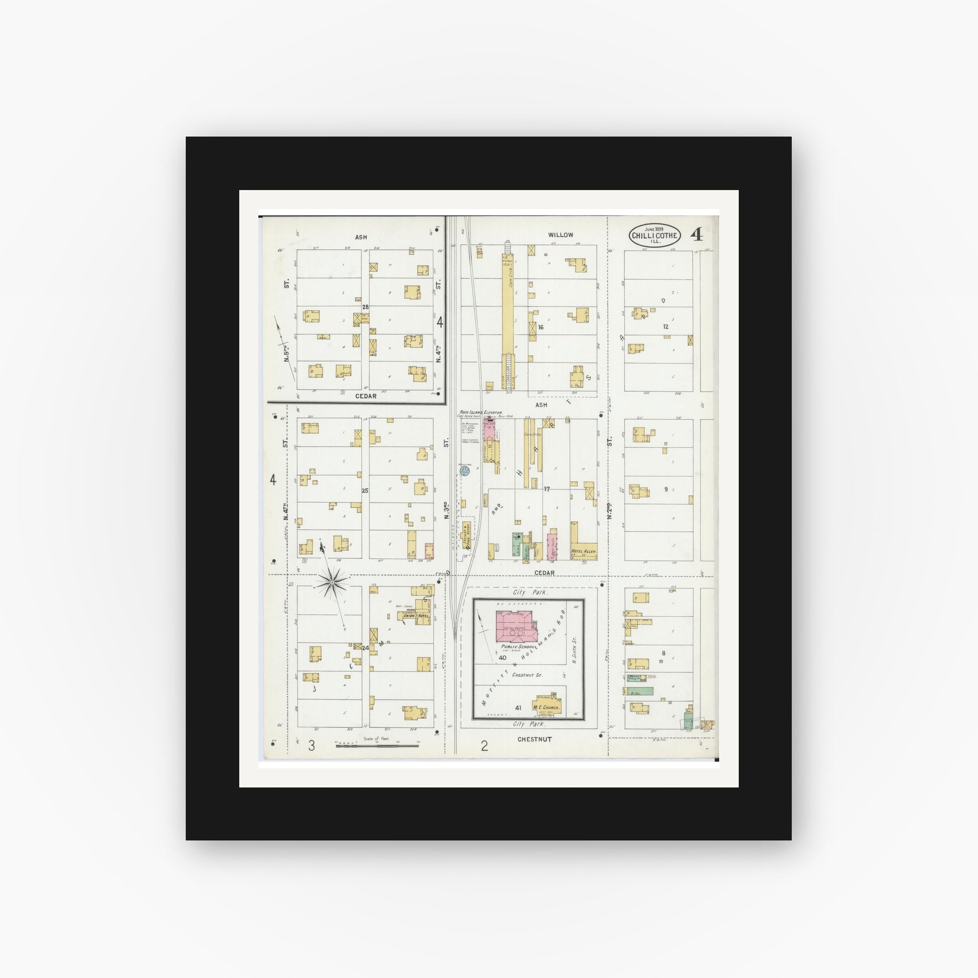 Old map wall art mockup — black gallery frame with white mat — Sanborn Fire Insurance Map from Chillicothe, Peoria County, Illinois (1899), Sheet #0004