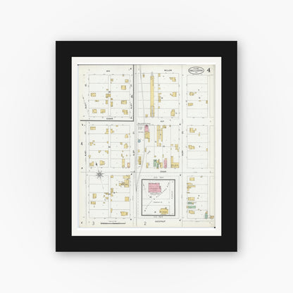 Old map wall art mockup — black gallery frame with white mat — Sanborn Fire Insurance Map from Chillicothe, Peoria County, Illinois (1899), Sheet #0004