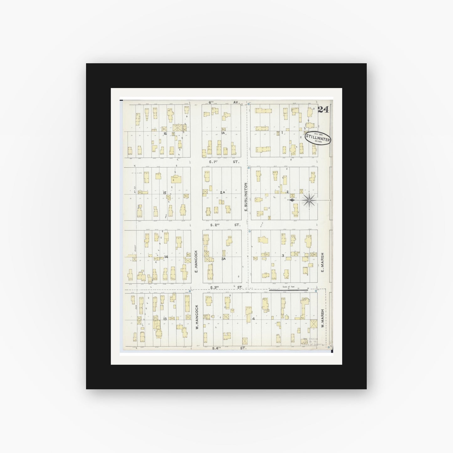 Old map wall art mockup — black gallery frame with white mat — Sanborn Fire Insurance Map from Stillwater, Washington County, Minnesota (1891), Sheet #0024