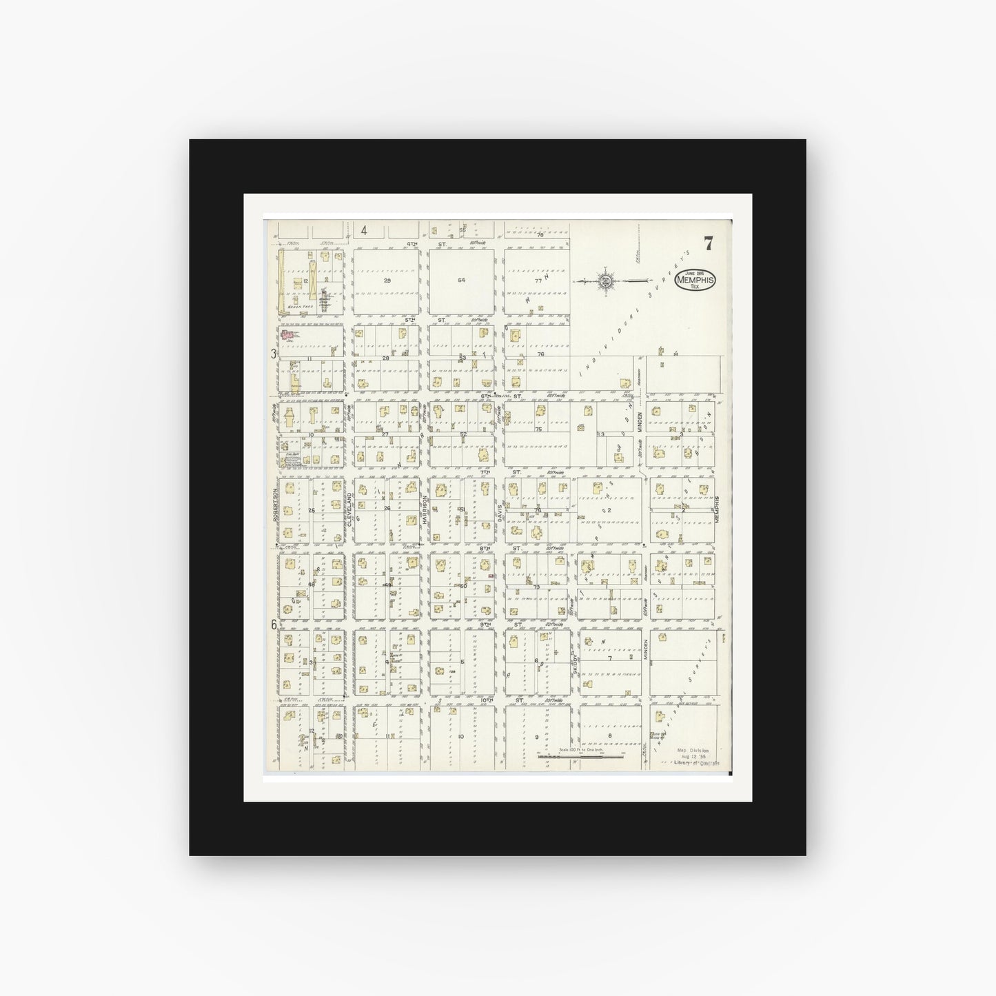 Old map wall art mockup — black gallery frame with white mat — Sanborn Fire Insurance Map from Memphis, Hall County, Texas (1914), Sheet #0007