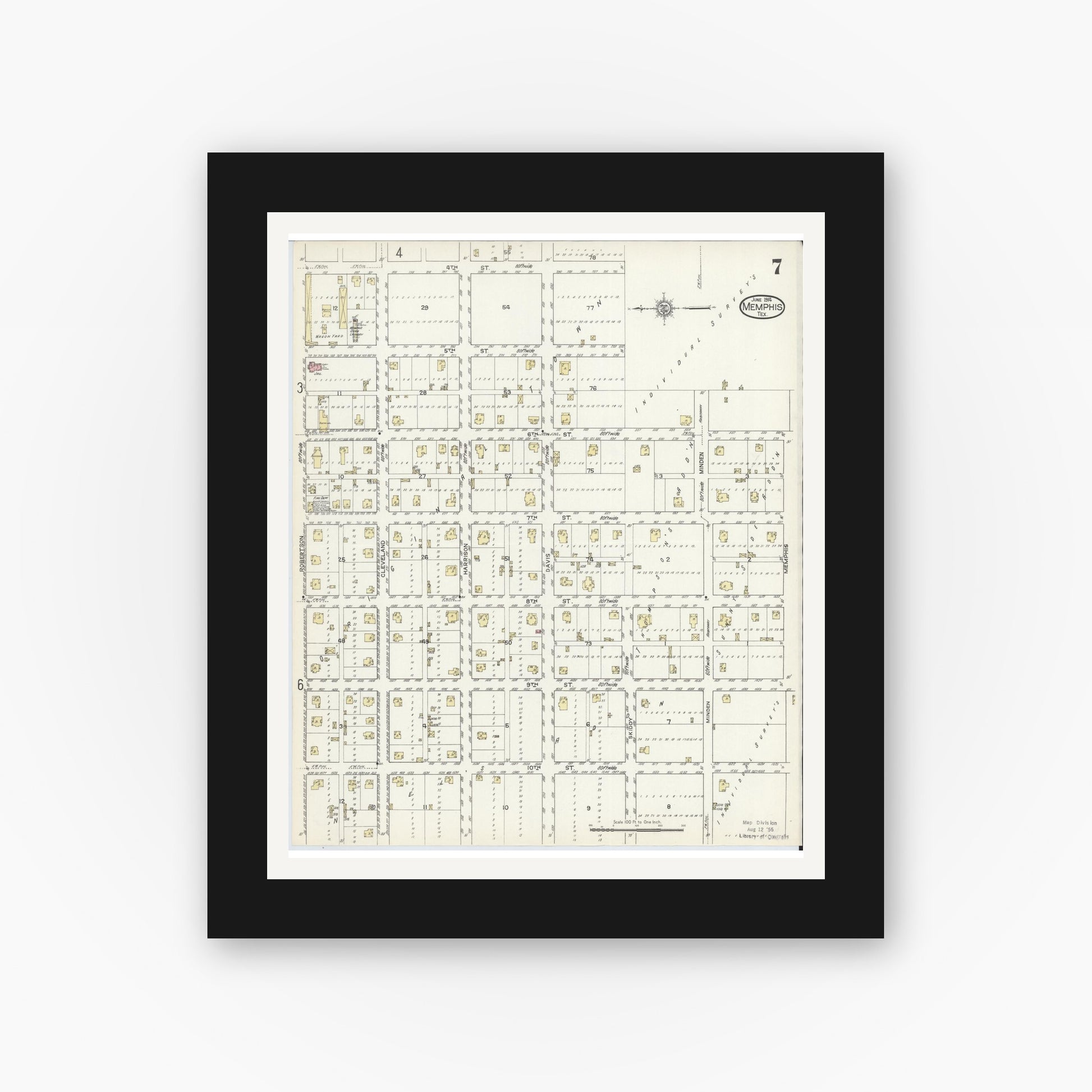 Old map wall art mockup — black gallery frame with white mat — Sanborn Fire Insurance Map from Memphis, Hall County, Texas (1914), Sheet #0007