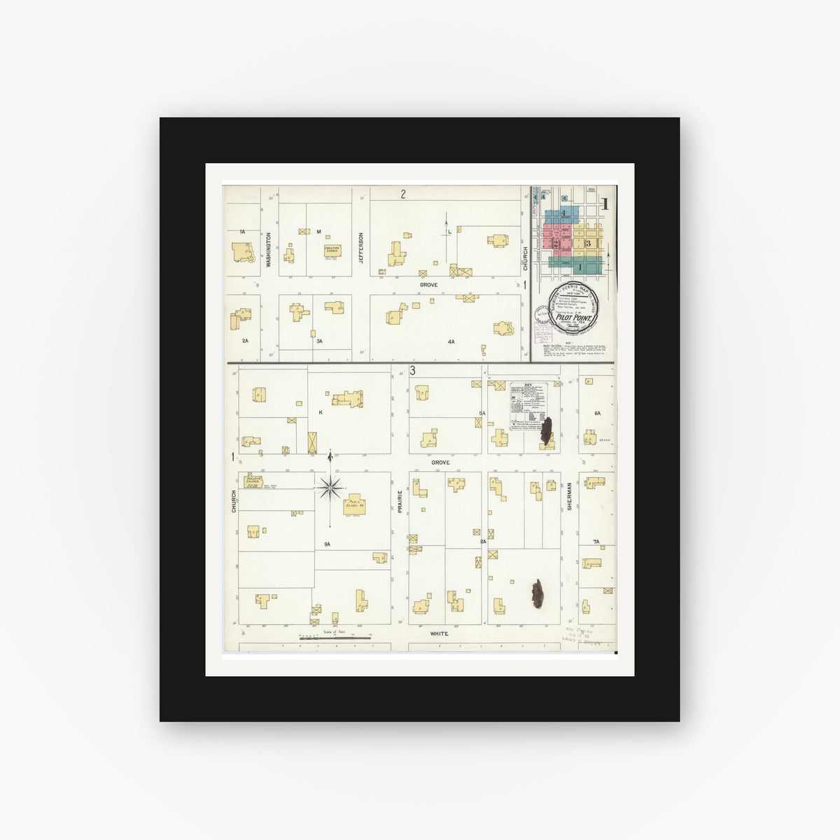 Old map wall art mockup — black gallery frame with white mat — Sanborn Fire Insurance Map from Pilot Point, Denton County, Texas (1901) - Complete Map Set