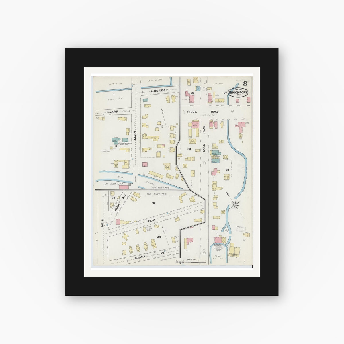 Old map wall art mockup — black gallery frame with white mat — Sanborn Fire Insurance Map from Brockport, Monroe County, New York (1892), Sheet #0008