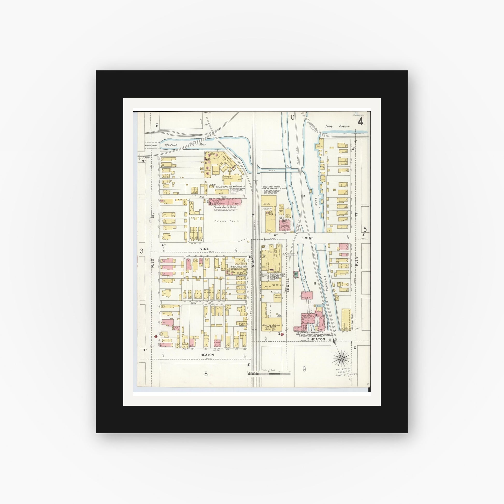 Old map wall art mockup — black gallery frame with white mat — Sanborn Fire Insurance Map from Hamilton, Butler County, Ohio (1899), Sheet #0004