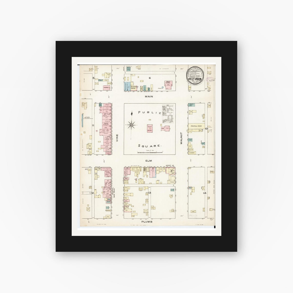 Old map wall art mockup — black gallery frame with white mat — Sanborn Fire Insurance Map from West Union, Fayette County, Iowa (1885), Sheet #0001