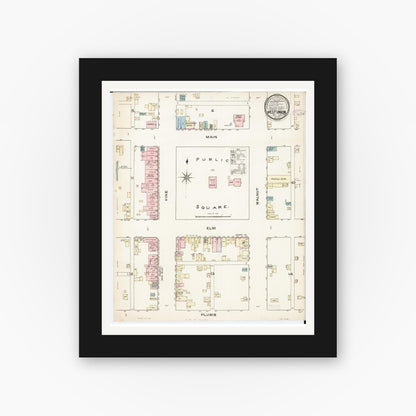 Old map wall art mockup — black gallery frame with white mat — Sanborn Fire Insurance Map from West Union, Fayette County, Iowa (1885), Sheet #0001