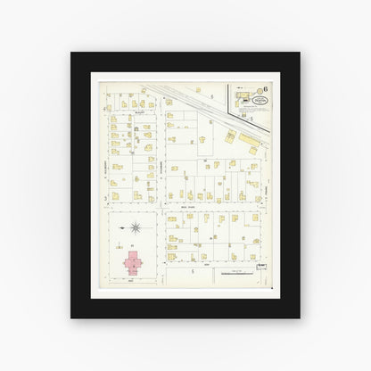 Old map wall art mockup — black gallery frame with white mat — Sanborn Fire Insurance Map from Denton, Denton County, Texas (1907), Sheet #0006