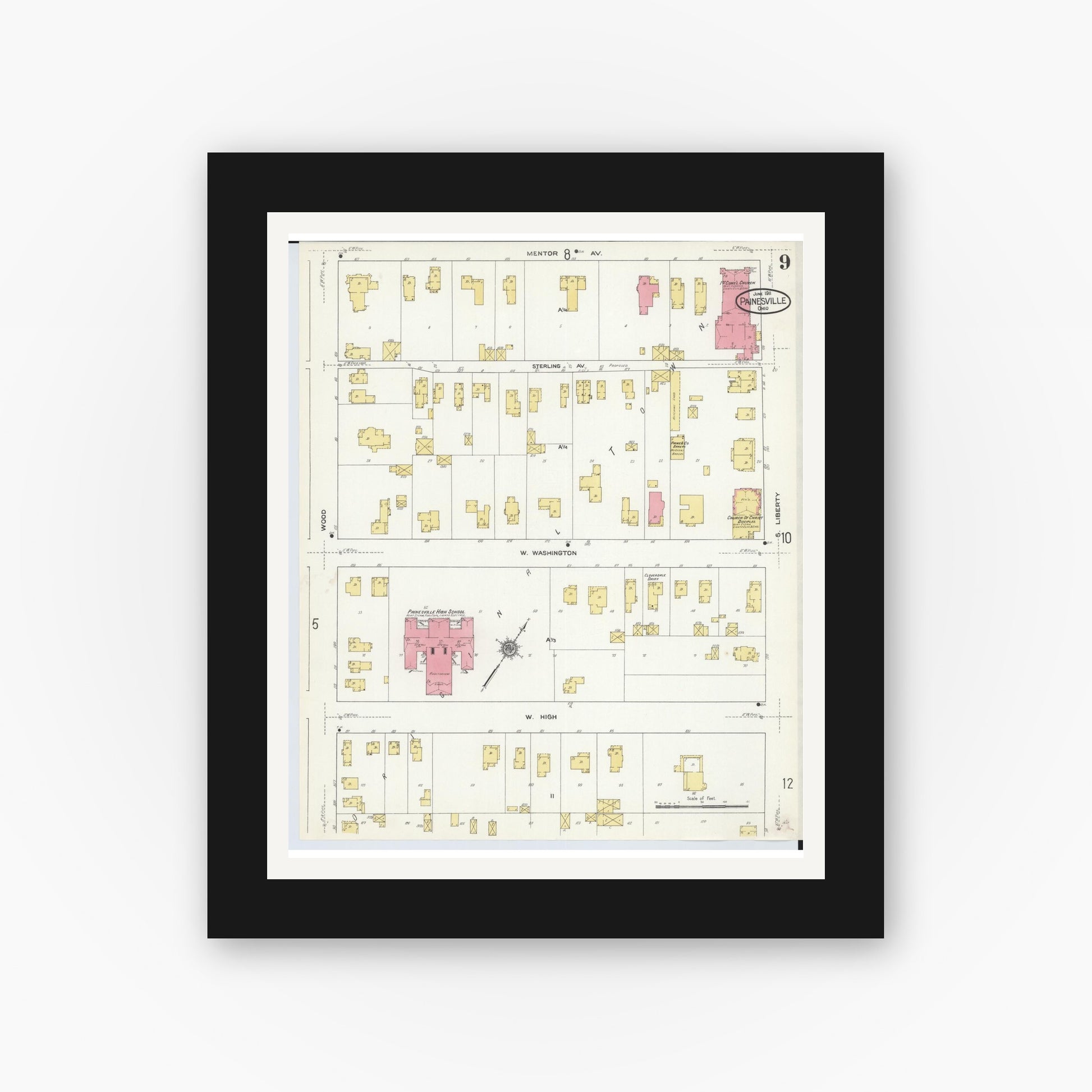 Old map wall art mockup — black gallery frame with white mat — Sanborn Fire Insurance Map from Painesville, Lake County, Ohio (1911), Sheet #0009