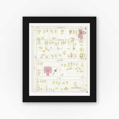 Old map wall art mockup — black gallery frame with white mat — Sanborn Fire Insurance Map from Painesville, Lake County, Ohio (1911), Sheet #0009