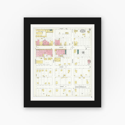Old map wall art mockup — black gallery frame with white mat — Sanborn Fire Insurance Map from Rosebud, Falls County, Texas (1909), Sheet #0003