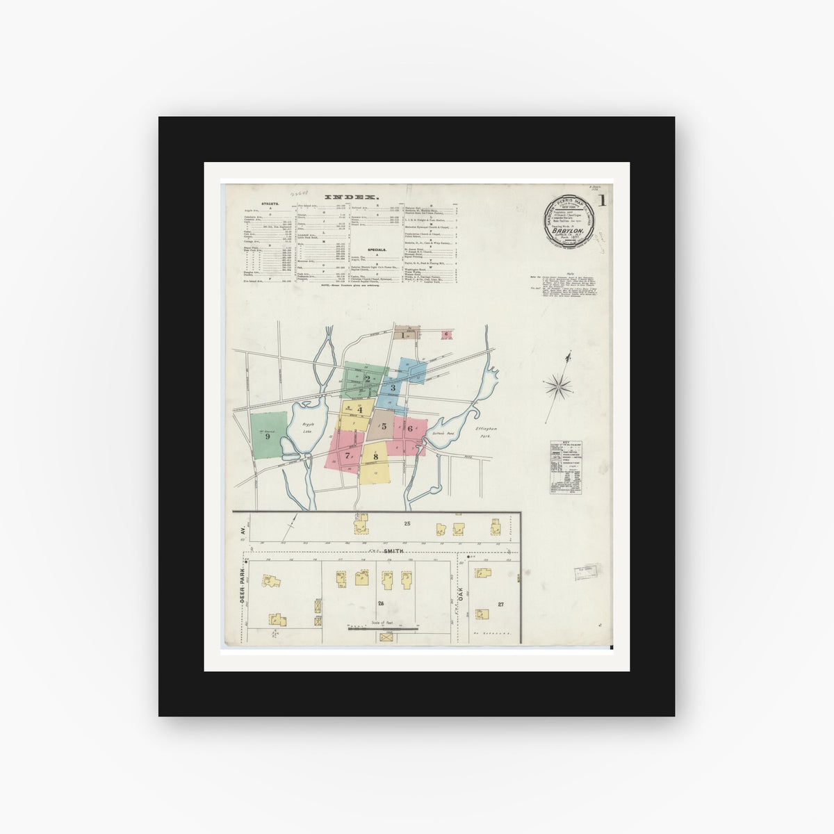 Old map wall art mockup — black gallery frame with white mat — Sanborn Fire Insurance Map from Babylon, Suffolk County, New York (1897), Sheet #0001