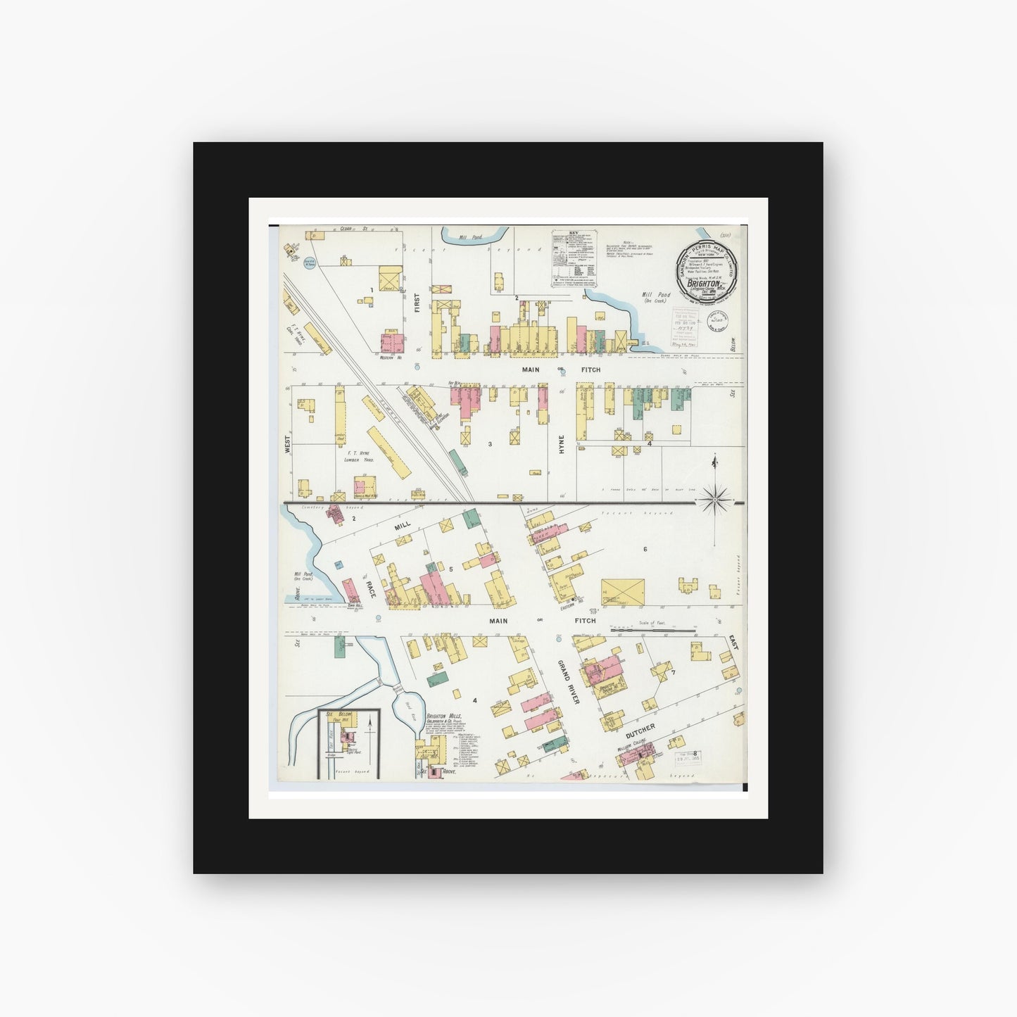 Old map wall art mockup — black gallery frame with white mat — Sanborn Fire Insurance Map from Brighton, Livingston County, Michigan (1899), Sheet #0001