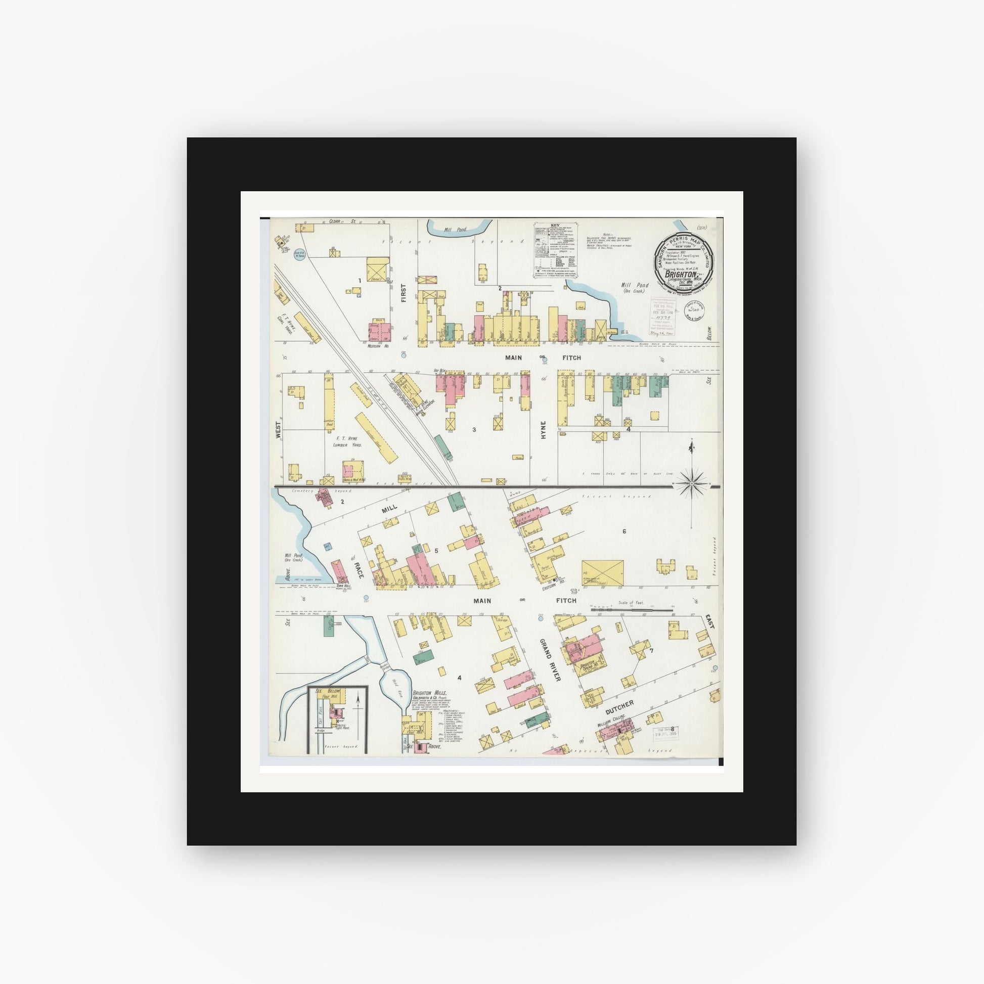 Old map wall art mockup — black gallery frame with white mat — Sanborn Fire Insurance Map from Brighton, Livingston County, Michigan (1899), Sheet #0001