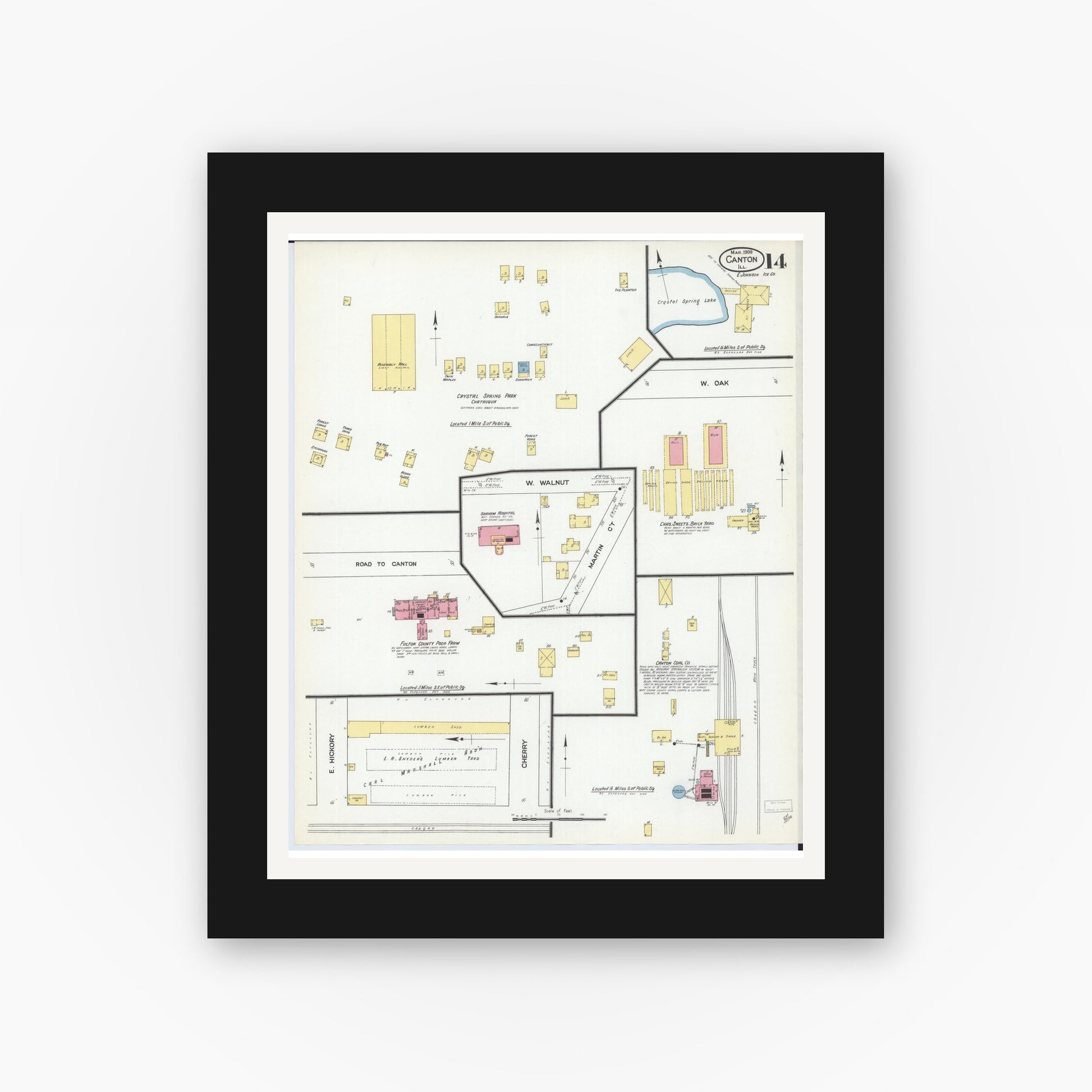 Old map wall art mockup — black gallery frame with white mat — Sanborn Fire Insurance Map from Canton, Fulton County, Illinois (1909), Sheet #0014