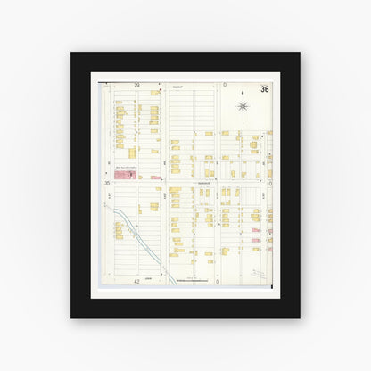 Old map wall art mockup — black gallery frame with white mat — Sanborn Fire Insurance Map from Hamilton, Butler County, Ohio (1899), Sheet #0036